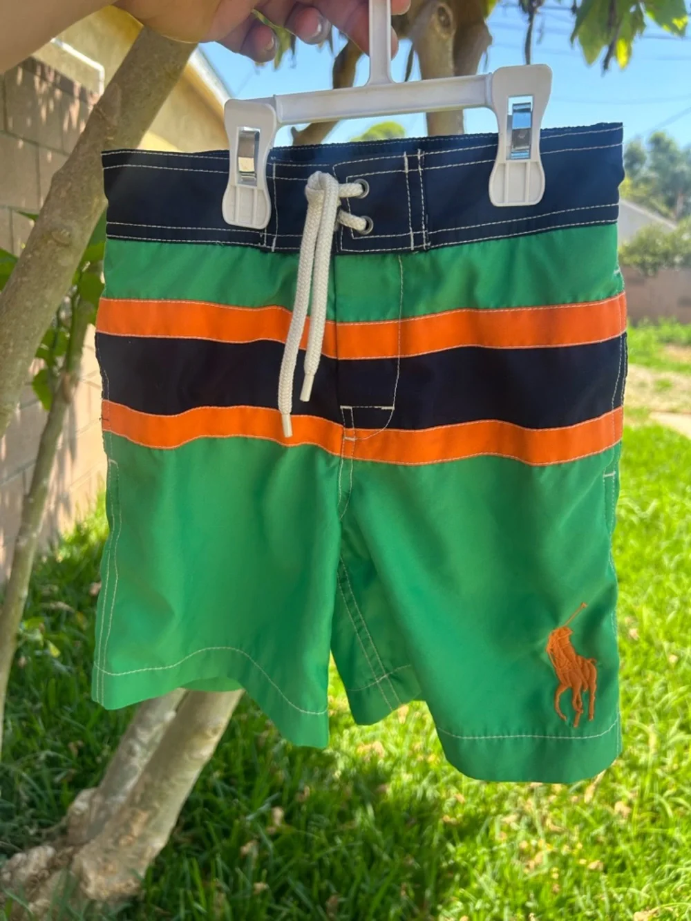 Ralph Lauren Green Navy Orange Striped Swim Shorts